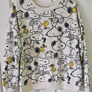 Peanuts Women's Sweatshirt XL, Ivory Snoopy & Woodstock Crew Neck, Long Sleeve